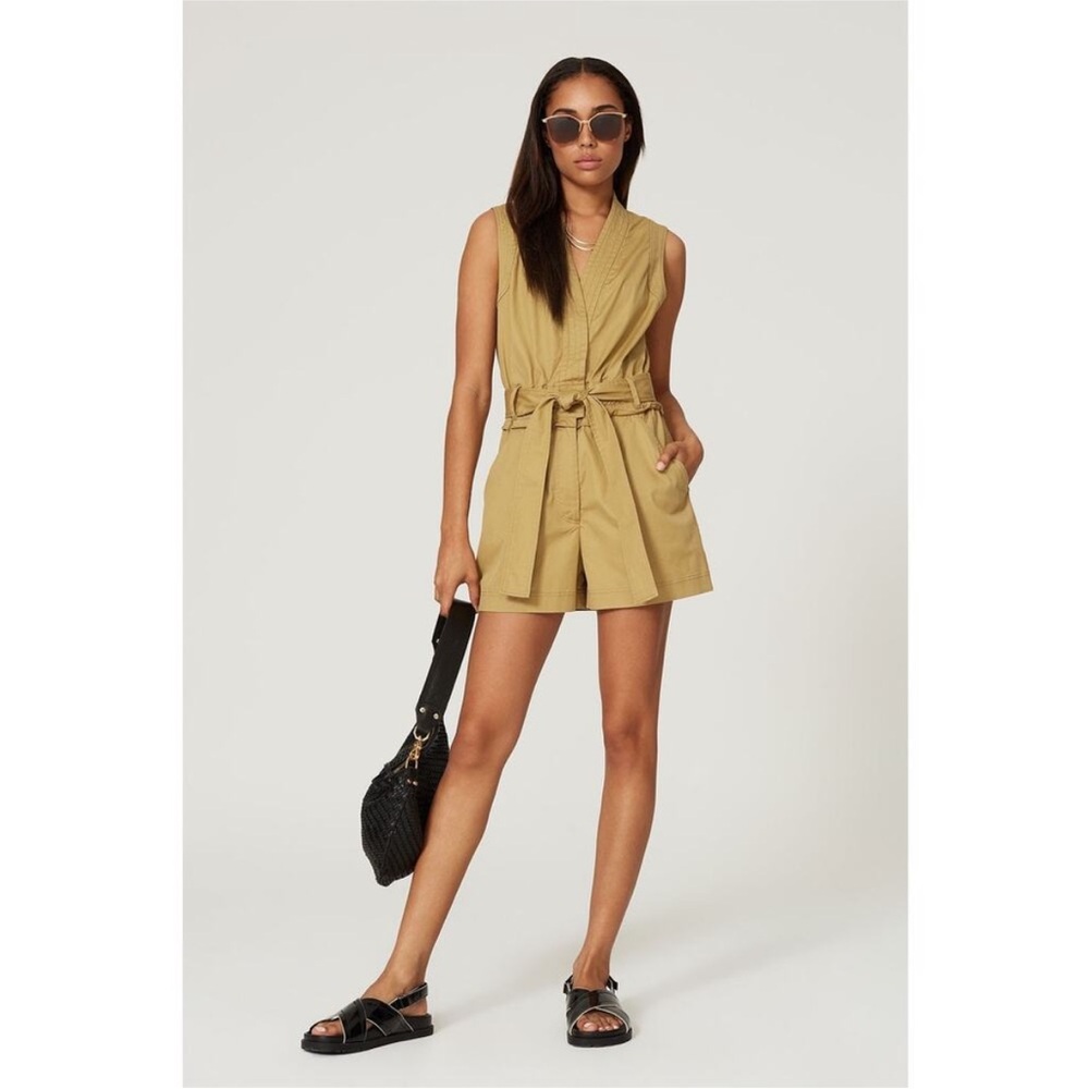 Derek Lam Sz 36 (2) Khaki Tan Belted Tie Waist Sleeveless Utility Romper 1 PC